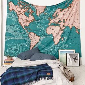 Urban Outfitters Teal and Peach World Map Tapestry